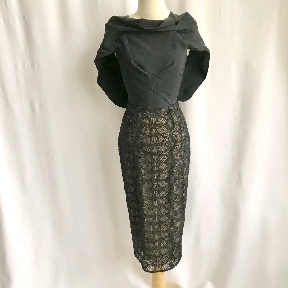 R'13 ICONIC ROLAND MOURET AVALON black/beige cotton blend/lace draped dress 4 - Picture 4 of 13